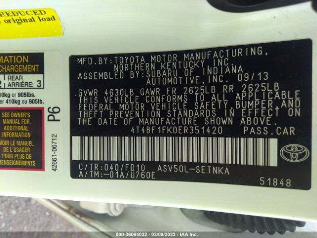 4T4BF1FK0ER351420 Toyota Camry L/le/xle/se/se Sport
