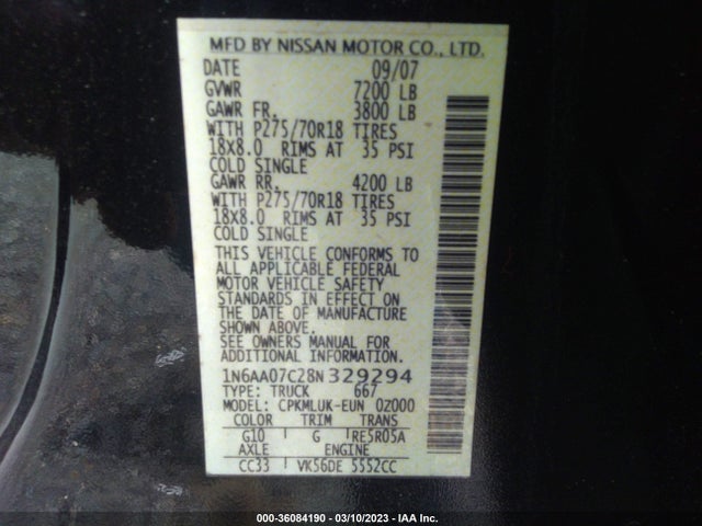 2008 NISSAN TITAN PRO-4X VIN: 1N6AA07C28N329294