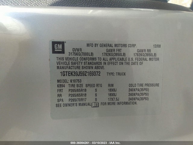 36084261 :رقم المزاد ، 1GTEK39J59Z169372 vin ، 2009 Gmc Sierra 1500 Slt مزاد بيع