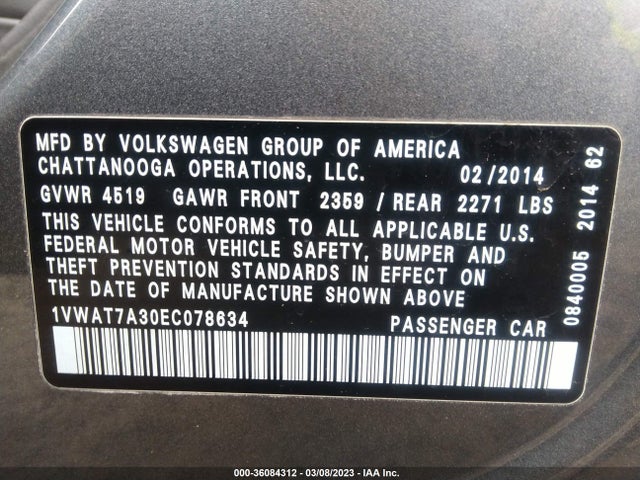 2014 VOLKSWAGEN PASSAT WOLFSBURG ED VIN: 1VWAT7A30EC078634