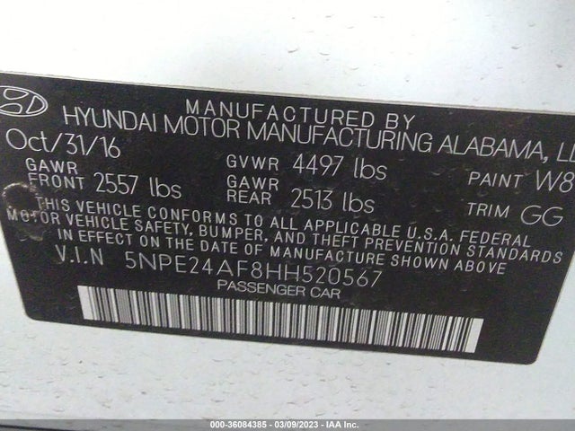 2017 HYUNDAI SONATA 2.4L VIN: 5NPE24AF8HH520567