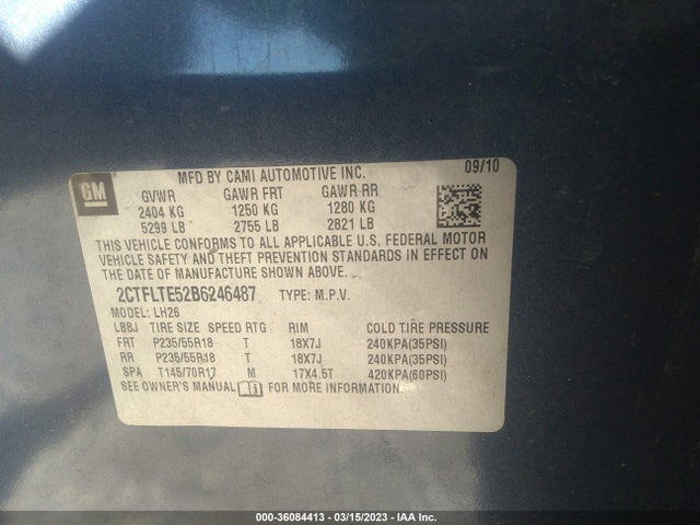 2011 GMC TERRAIN SLE-2 VIN: 2CTFLTE52B6246487