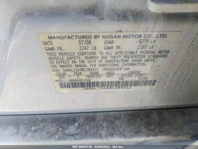 2008 NISSAN ALTIMA 2.5 SL VIN: 1N4AL21E98C284312