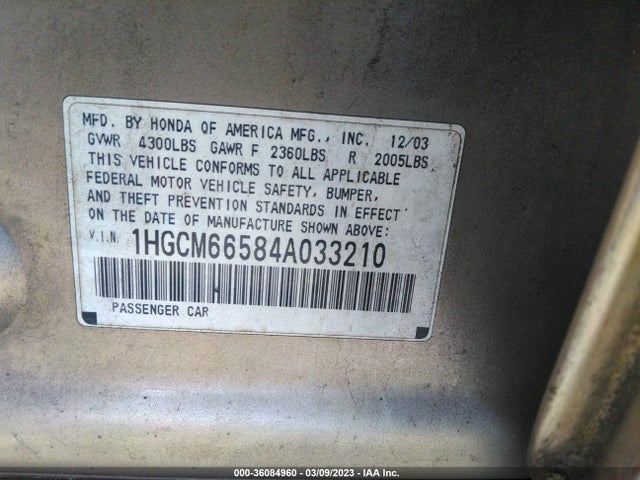 2004 HONDA ACCORD SDN EX VIN: 1HGCM66584A033210