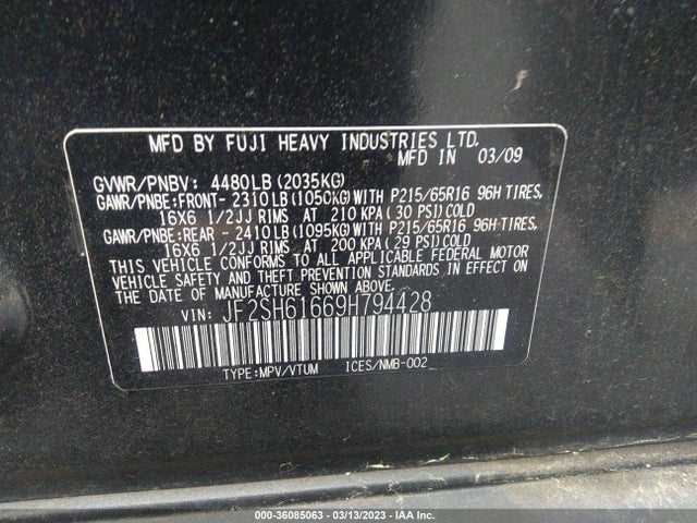 JF2SH61669H794428 Subaru FORESTER X