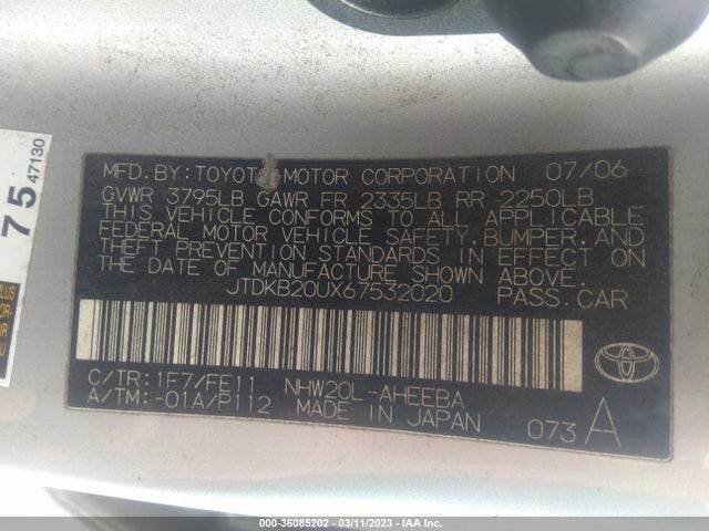 2006 TOYOTA PRIUS VIN: JTDKB20UX67532020