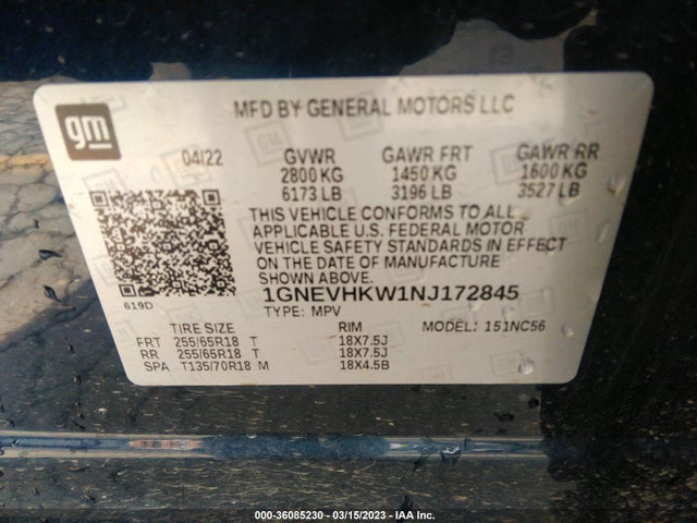 Chevrolet Traverse Lt Leather 2022 1GNEVHKW1NJ172845 Image 9