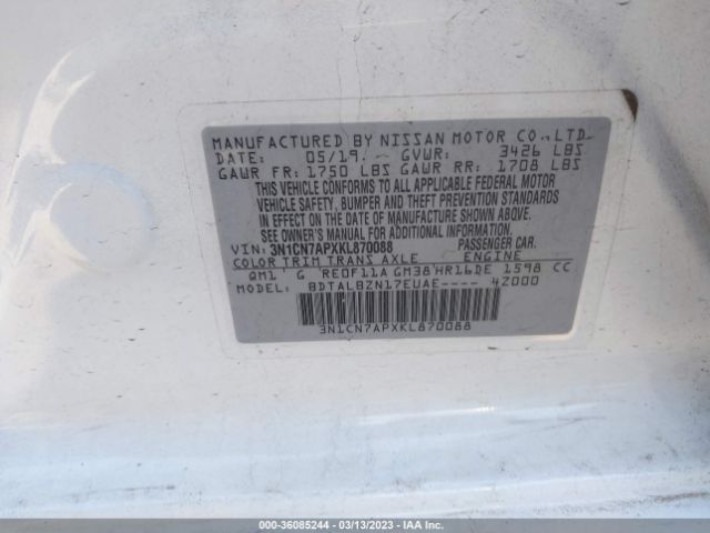 3N1CN7APXKL870088 Nissan Versa Sedan Sv