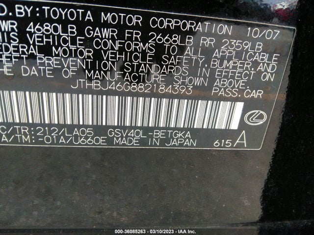 Lexus ES 350 2008 JTHBJ46G882184393 Image 10