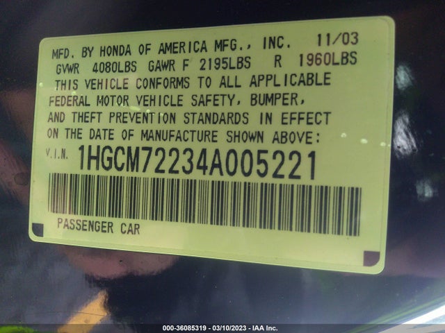 Honda Accord Cpe Lx 2004 1HGCM72234A005221 Image 10