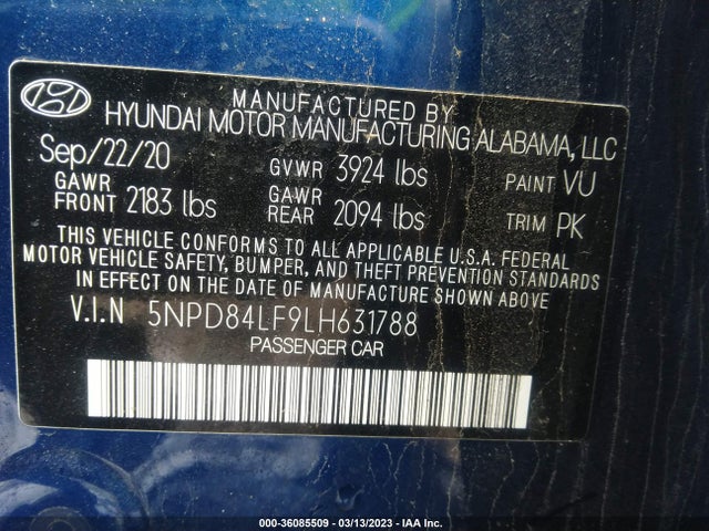 2020 HYUNDAI ELANTRA SEL VIN: 5NPD84LF9LH631788