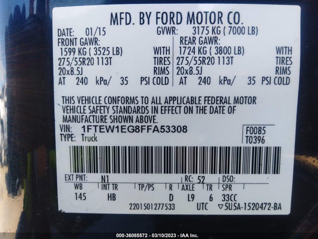 2015 FORD F-150 XLT/XL/LARIAT/PLATINUM VIN: 1FTEW1EG8FFA53308