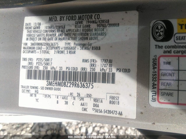 2009 MERCURY MILAN PREMIER VIN: 3MEHM08Z29R636375