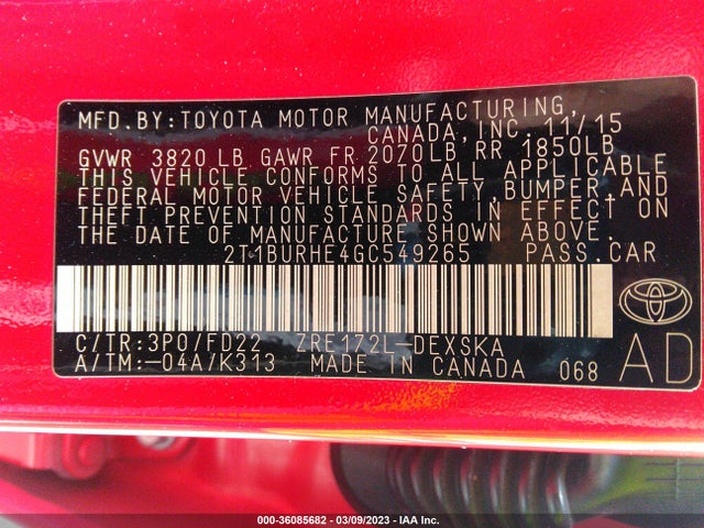 Toyota Corolla L/le/s/s Plus/le Plus 2016 2T1BURHE4GC549265 Image 11
