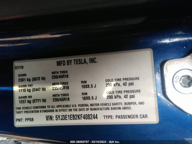 Tesla Model 3 Long Range/performance 2019 5YJ3E1EB2KF408244 Image 9
