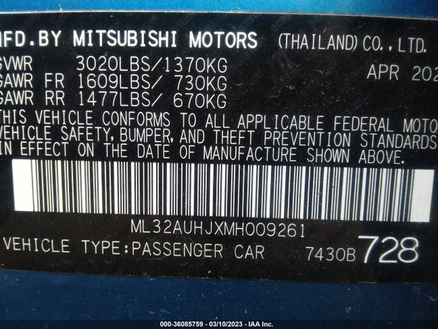 2021 MITSUBISHI MIRAGE ES/LE/CARBONITE EDITION VIN: ML32AUHJXMH009261
