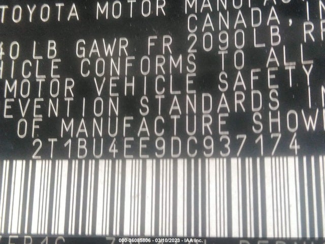 2013 TOYOTA COROLLA L/LE/S VIN: 2T1BU4EE9DC937174