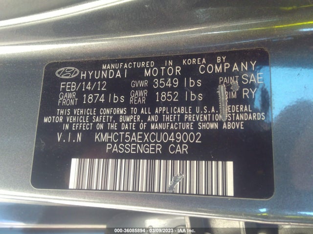 2012 HYUNDAI ACCENT GS VIN: KMHCT5AEXCU049002