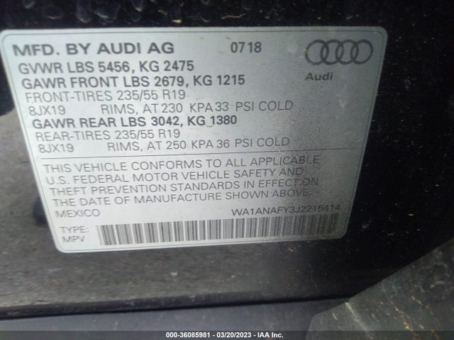 WA1ANAFY3J2215414 Audi Q5 Premium/tech Premium