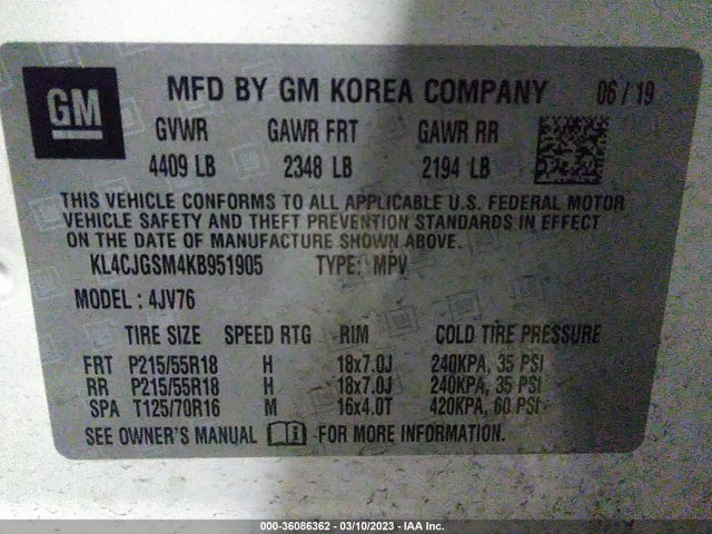 2019 BUICK ENCORE ESSENCE VIN: KL4CJGSM4KB951905