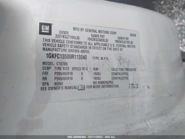 1GKFC13509R113040 GMC YUKON HYBRID
