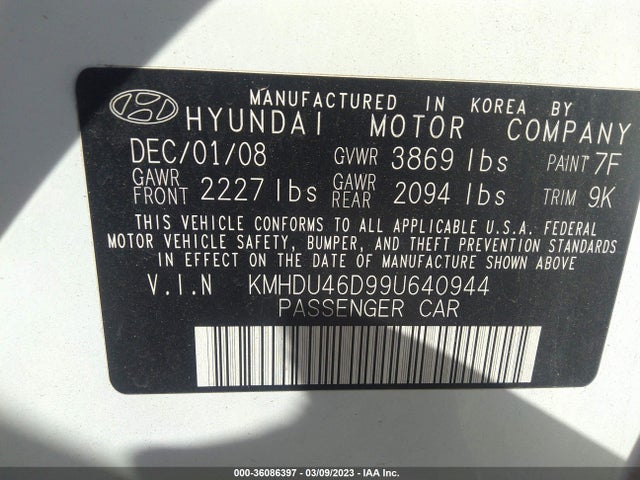 2009 HYUNDAI ELANTRA GL VIN: KMHDU46D99U640944