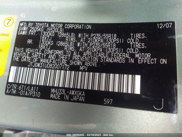 JTJGW31U082007172 Lexus RX 400H
