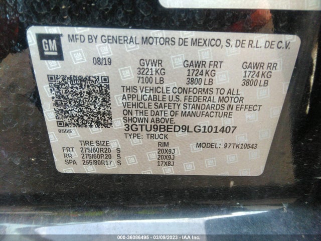 2020 GMC SIERRA 1500 SLE VIN: 3GTU9BED9LG101407