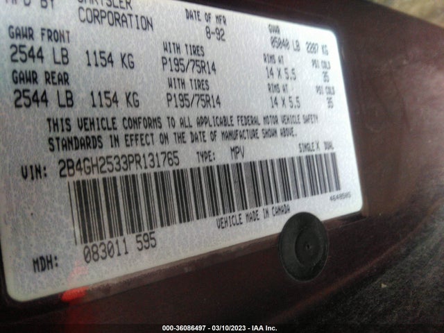 1993 DODGE CARAVAN VIN: 2B4GH2533PR131765