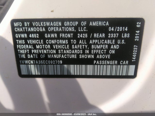 1VWCN7A35EC092709 Volkswagen Passat Tdi Sel Premium