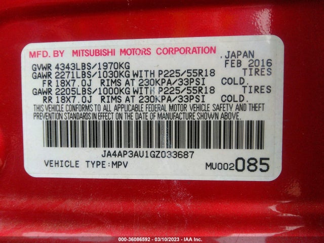 JA4AP3AU1GZ033687 Mitsubishi Outlander Sport 2.0 Es