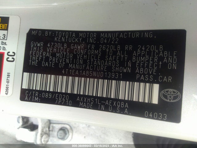 2022 Toyota Avalon, VIN: 4T1EA1AB5NU013931