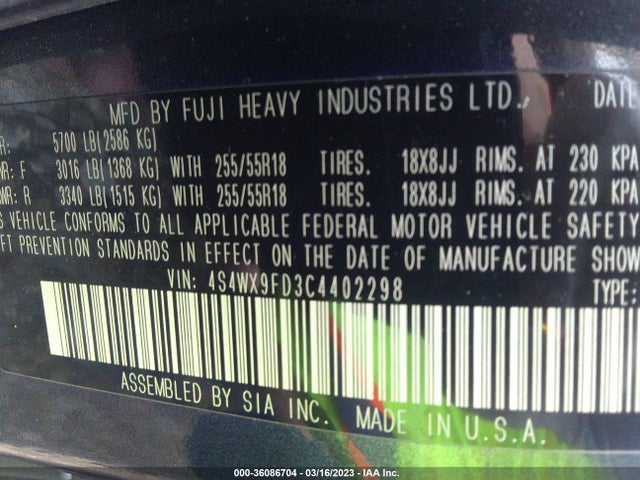 2012 SUBARU TRIBECA PREMIUM VIN: 4S4WX9FD3C4402298