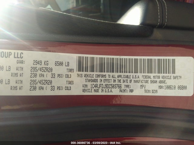 2013 JEEP GRAND CHEROKEE SRT8 VIN: 1C4RJFDJ9DC503766