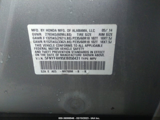 Honda Pilot Touring 2014 5FNYF4H95EB050431 Image 9