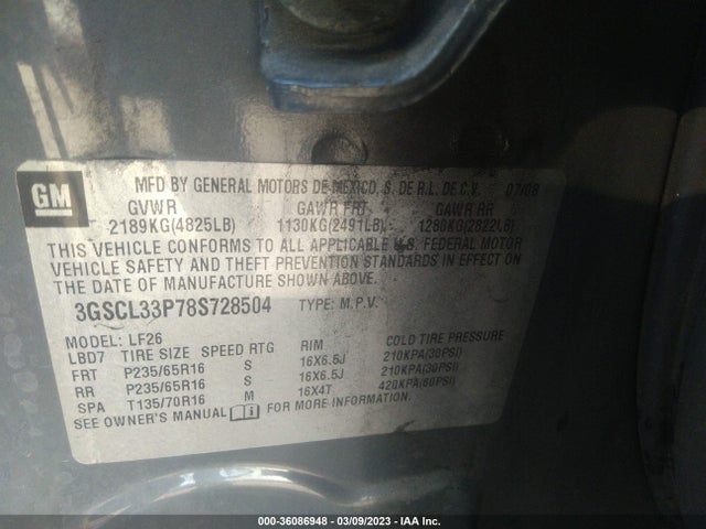 2008 SATURN VUE XE VIN: 3GSCL33P78S728504