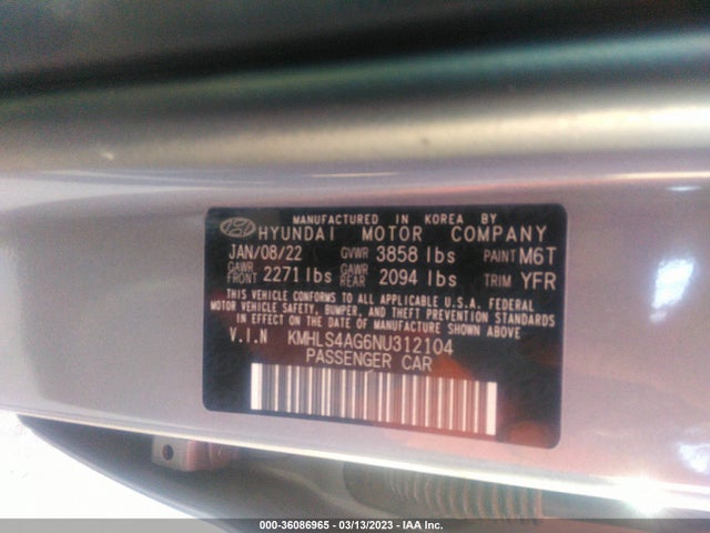 2022 HYUNDAI ELANTRA SEL VIN: KMHLS4AG6NU312104