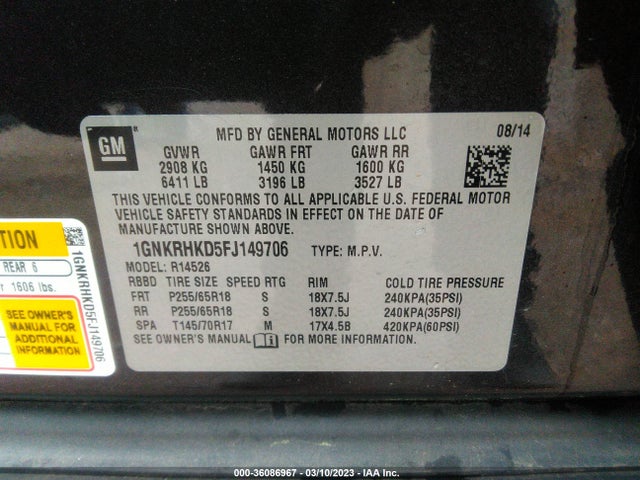 2015 Chevrolet Traverse, VIN: 1GNKRHKD5FJ149706