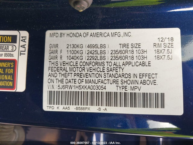 Honda CR-V EX 2019 5J6RW1H5XKA003054 Image 11