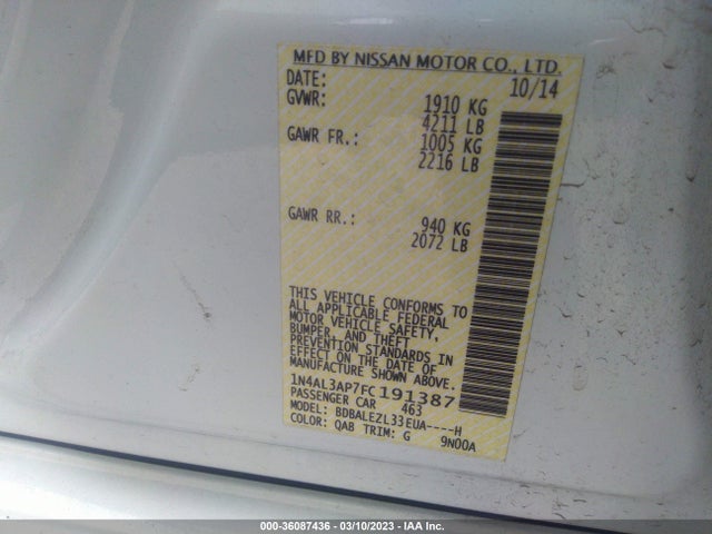 Nissan Altima 2.5 S 2015 1N4AL3AP7FC191387 Image 9