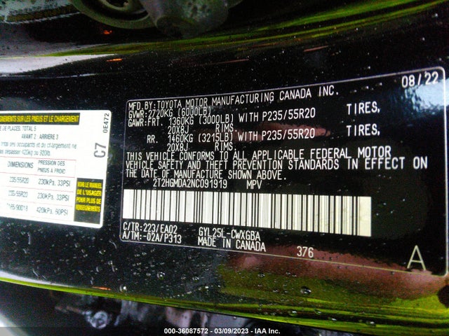 2022 Lexus RX, VIN: 2T2HGMDA2NC091919