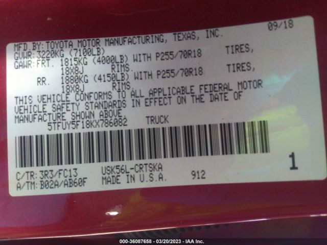 5TFUY5F18KX786082 Toyota Tundra 4wd Sr/sr5/limited