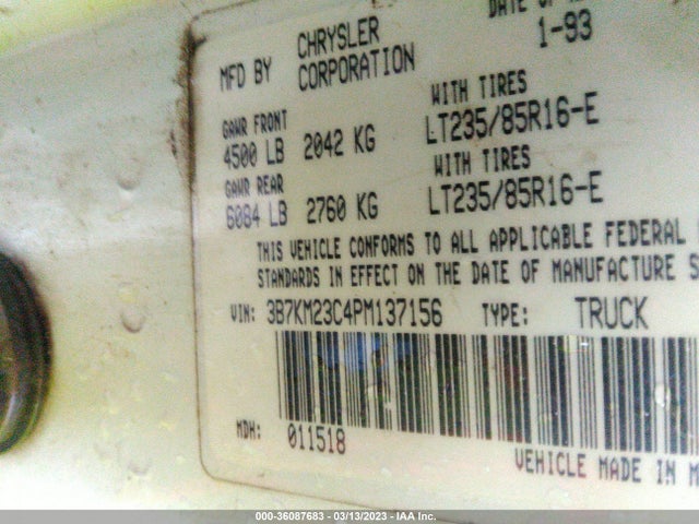 1993 DODGE W-SERIES W200/W250 VIN: 3B7KM23C4PM137156