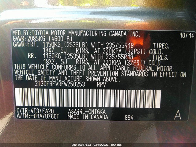 2015 TOYOTA RAV4 LIMITED VIN: 2T3DFREV9FW250253