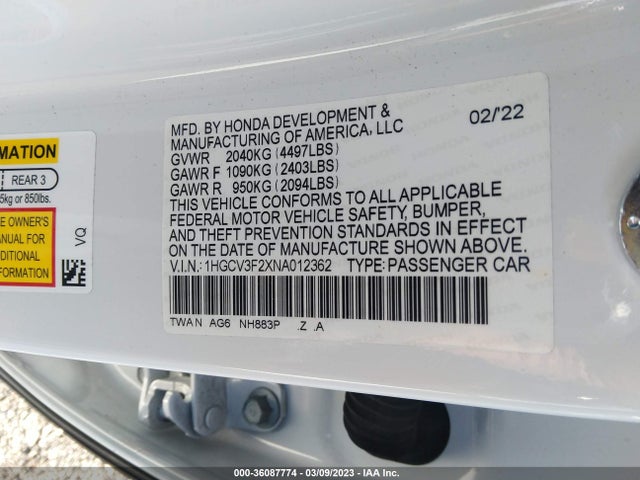 2022 HONDA ACCORD HYBRID SPORT VIN: 1HGCV3F2XNA012362