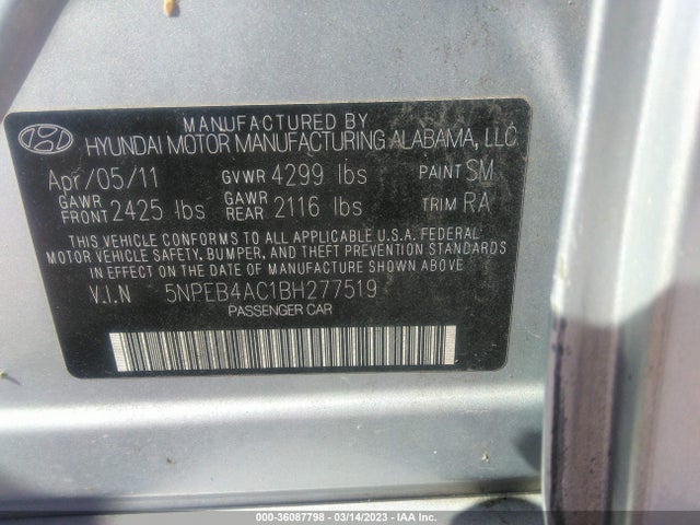 2011 HYUNDAI SONATA GLS VIN: 5NPEB4AC1BH277519