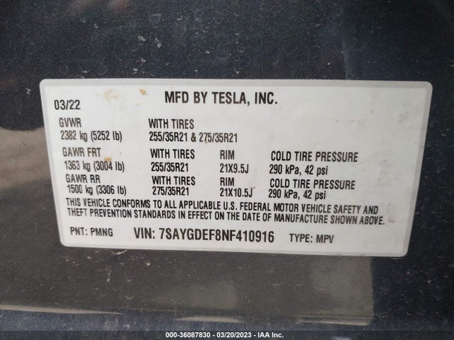 Tesla Model Y Performance 2022 7SAYGDEF8NF410916 Image 9