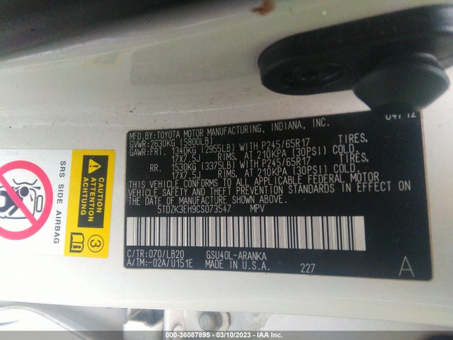 2012 TOYOTA HIGHLANDER VIN: 5TDZK3EH9CS073547