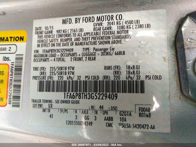2016 FORD MUSTANG ECOBOOST VIN: 1FA6P8TH3G5229409