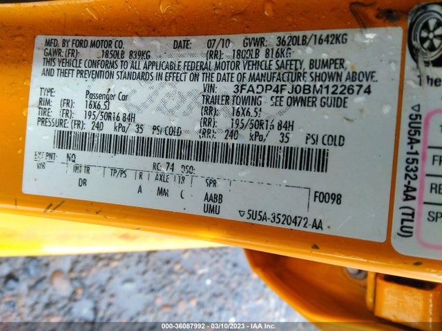 2011 FORD FIESTA SES VIN: 3FADP4FJ0BM122674